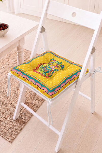 Home Renkli Kuş Motifli Pofidik Sandalye Minderi - Çiçekli ve Sarı Desenli De...