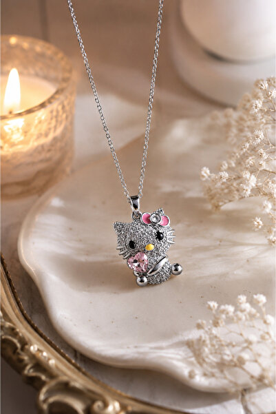 shop GÜMÜŞ RENK PEMBE KALPLİ HELLO KITTY KOLYESİ ÇELİK