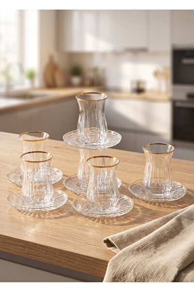 SEÇKİNEV Jewel Echo 12 Piece Tea Cup Set Hand Painted Shiny Silver&Shiny Gold