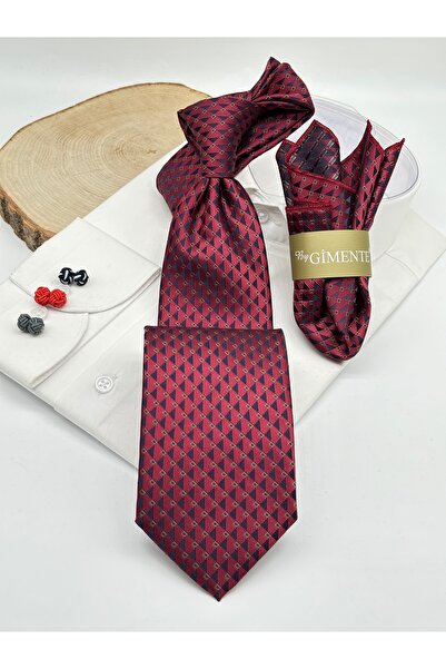 Gutiero Claret Red Patterned Classic Tie with Handkerchief