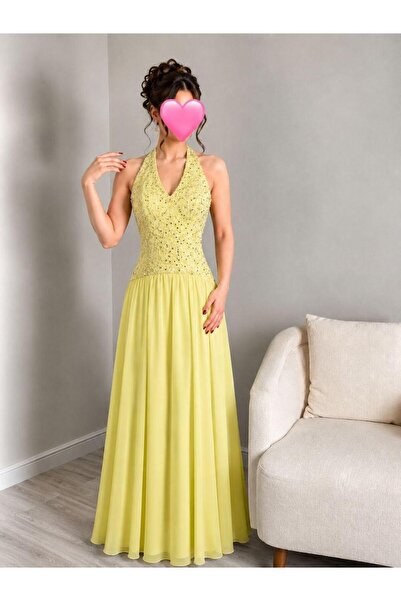led style Halter Neck Evening Dress with Glittering Embroidery and Flowy Chif...