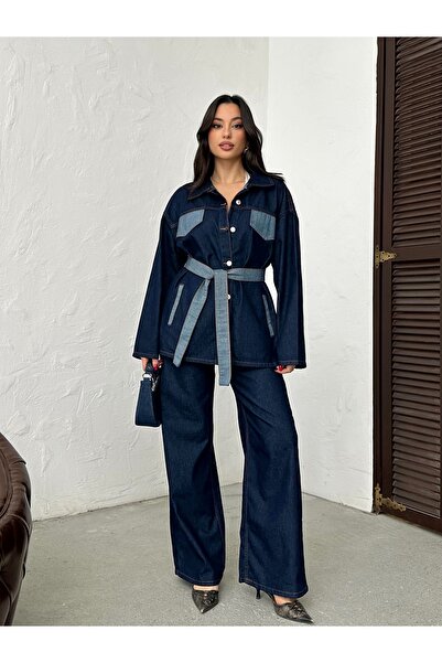 ASEDE Set de jachetă și pantaloni din denim premium, cu curea și detalii de s...