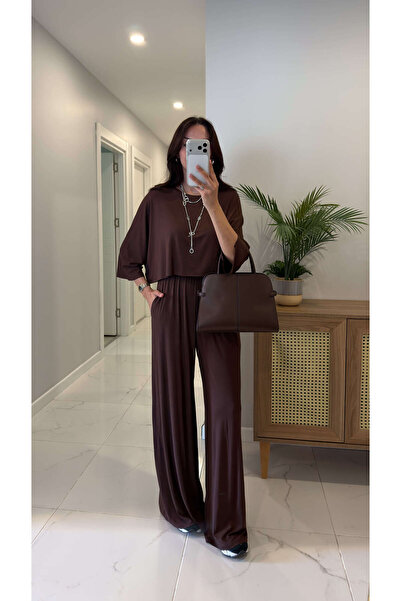 BİRCANÇİL Sedors Brown Bat Sleeve Blouse Pants Set