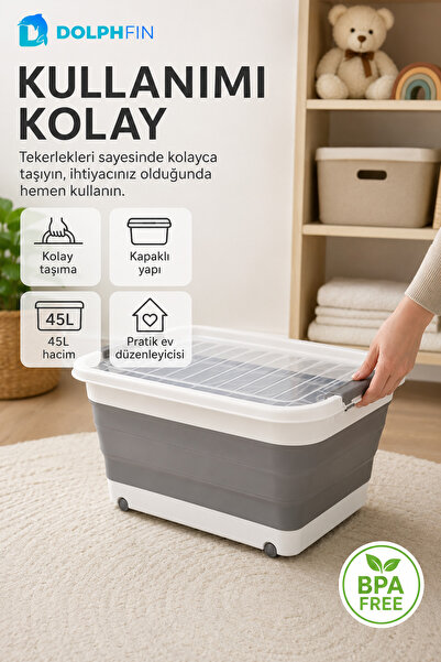 DolphFin 45 L Tekerlekli Katlanabilir Saklama Kutusu Kapaklı Çok Amaçlı Ev Dü...