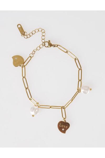 Kayra Pearl Detailed Steel Bracelet Gold