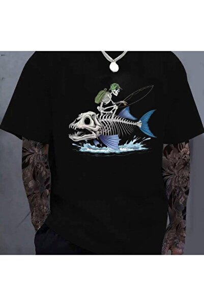 BASEPULSE 100% Men'S Black T-shirt with Riding Blue Fin Skeleton Fish Casual ...