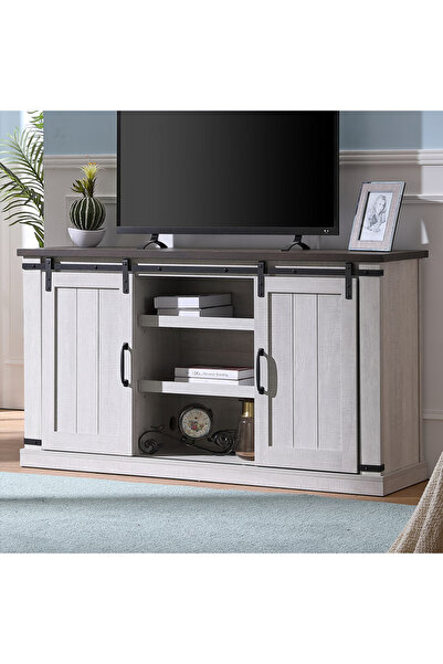 HayaBazaar Farmhouse Barn Door TV Stand, Distressed White Media Console with ...