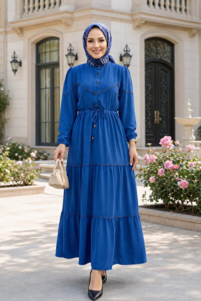 Hb Harma Time Butik Women's Buttoned Lace Detailed Waist Tie Ayrobin Blue Dress