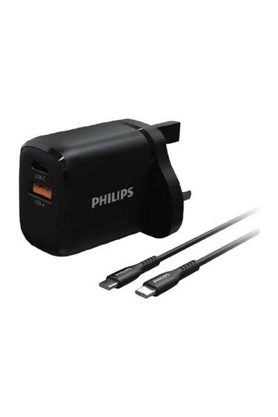 Philips 2 Port Travel Charger with Type-C to C Cable, 25W, Black