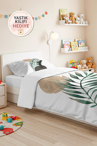 Evimde Bambaşka Botanical Green Young Room Single Pique Set - Modern Beige Bl...