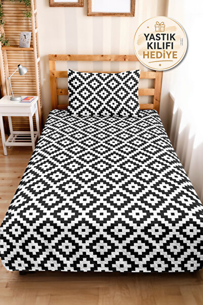 Evimde Bambaşka Set de lenjerie de pat negru geometric pentru cameră de adole...
