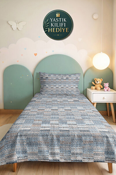 Evimde Bambaşka Blue Geometric Modern Young Room Single Pique Set-Grey Plaid ...