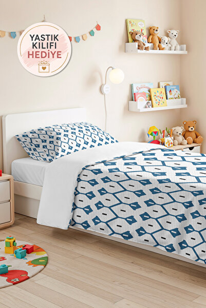 Evimde Bambaşka Blue Geometric Modern Young Room Single Pique Set-White Black...