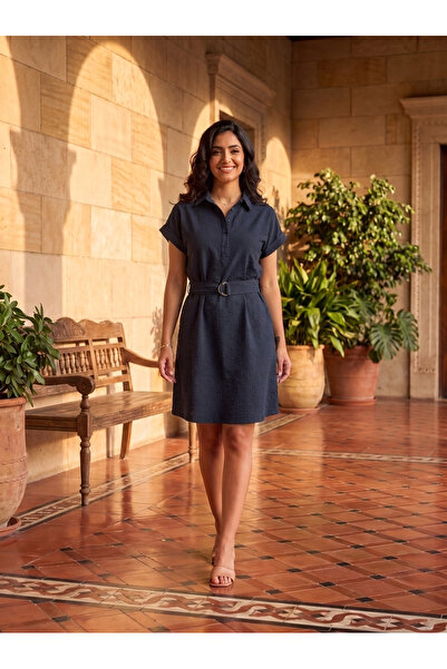 Finelook Women's Black Short Sleeve Belted Shirt Dress
