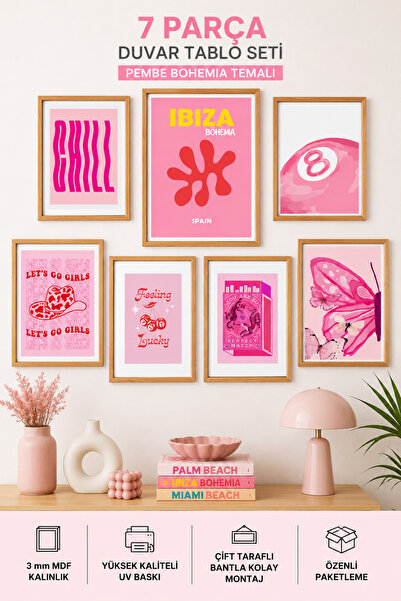 UNT Pembe Çerçeve Görünümlü 7'li Tablo Seti – Coquette, Butterfly, Ibiza Aest...