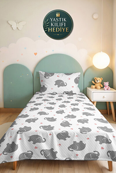 Evimde Bambaşka Gray Elephant Children's Room Single Decorative Pique Set - 1...