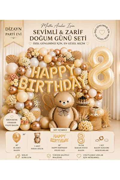 Dizayn Parti Evi Ayıcıklı Doğum Günü Süsleme Seti 1-9 Yaş Krem Happy Birthday...