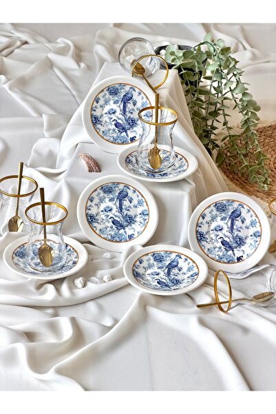Yiğit Seramik Züccaciye Blue Kitchen Gold Gilded 6-Person 12-Piece Luxury Tea...