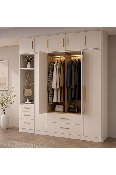 GENERAL Modern White Wooden Wardrobe with Drawers and Shelves, 200X60 cm |   ...