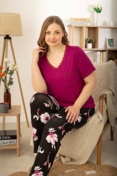 Miss Meryem Fuşya Ring Viskon Kısa Kol Büyük Beden Pijama Takım
