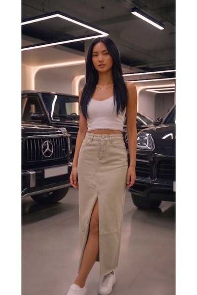 REDZARRAM Long Denim Skirt with Slim Slit Detail