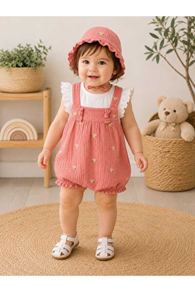 İNDİGO Baby Girl 3-Piece Blouse, Overalls and Hat Set