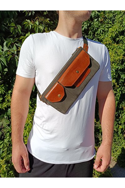 Capreolus Leather Kanvas&hakiki deri çapraz askılı bel çantası, telefon bölme...