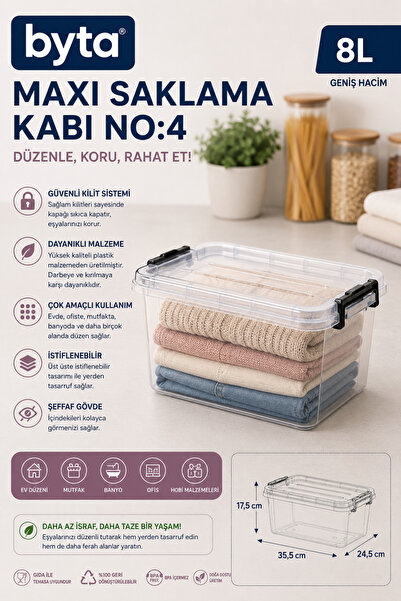 BYTA 8 Liter Transparent Multi-Purpose Storage Box with Lockable Lid Maxi Org...