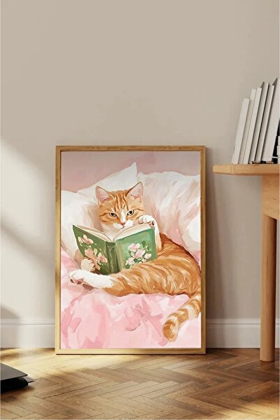 AR AJANS KANVAS TABLO Bookworm Sarman Cat Decorative Framed Mdf Painting