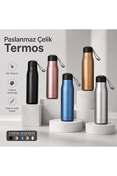 1DepoBu Paslanmaz Çelik Termos Matara | Taşıma Askılı Kapaklı Şık Çelik Termos
