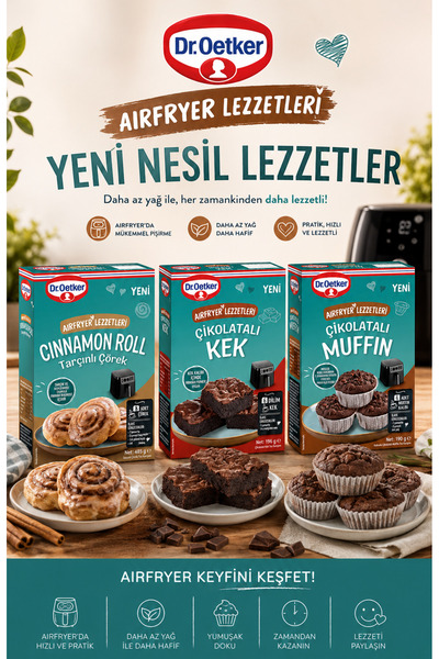 Dr. Oetker Airfryer Serisi 3’Lü Tarçınlı Çörek 485 Gr+Çikolatalı Muffin 190 G...