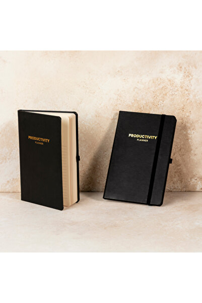 Hellobox Siyah Deri Productivity Defter-Planner - Yaldız Baskılı 13x21 cm Çiz...