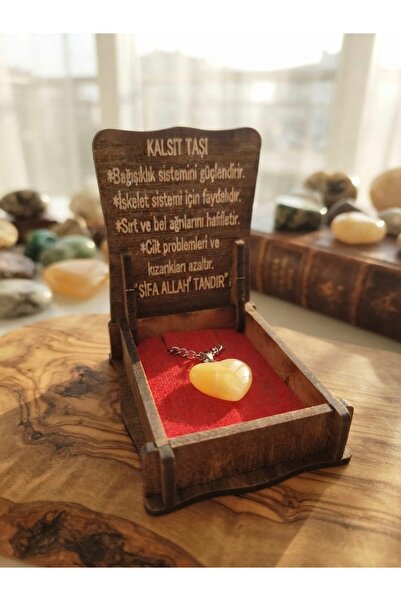 Meneva Aksesuar Calcite Stone Natural Stone Heart Model Necklace with Wooden Box