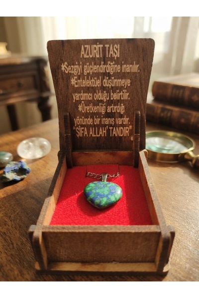 Meneva Aksesuar Azurite Stone Natural Stone Heart Model Necklace with Wooden Box