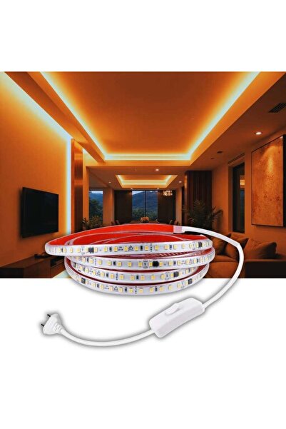 burul 5 Metre Amber Hortum Şerit Led Yapışkanlı 220v Yüksek Lümen Işık Anahta...
