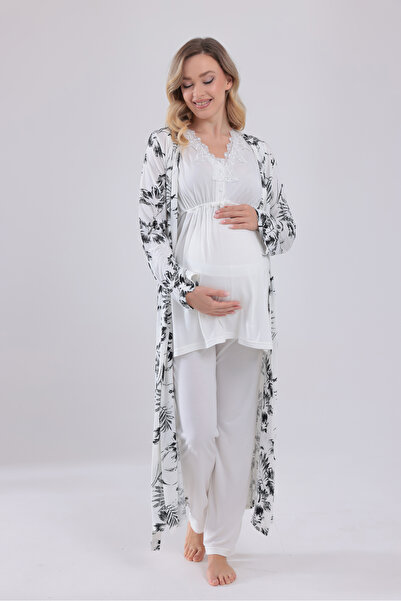 Yulem Homewear Ecru Lace Design Strappy Cotton Maternity Pajama Set with 3-Pi...