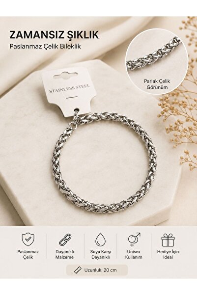 stainles steel Paslanmaz Çelik Örgü Zincir Bileklik – Unisex Gümüş Renk Klasi...
