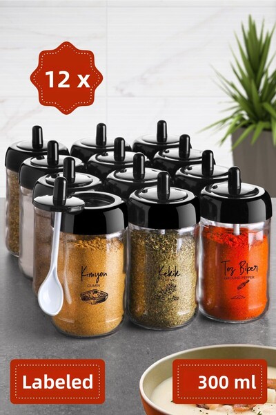 FARİKA Set de 12 recipiente lungi pentru condimente - Sticlă cu etichetă seri...