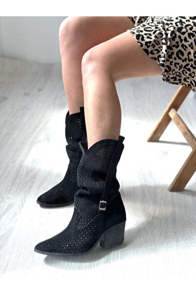 Favi Ayakkabı Black Suede Belt Detailed Perforated Summer Boots