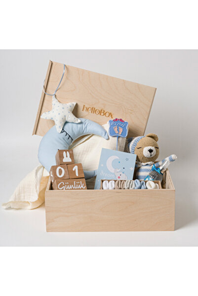 Hellobox Premium Erkek Bebek Yeni Doğan Hediyesi - Ahşap Kutulu Amigurumi Oyu...