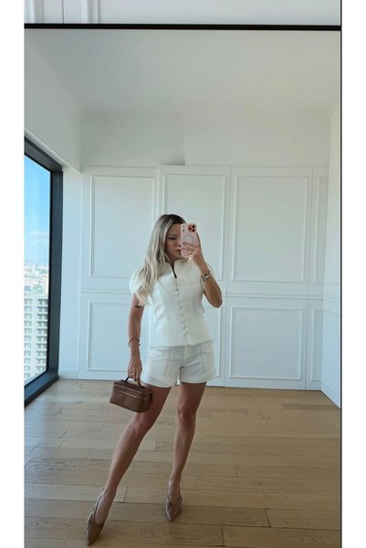 FMN Butik Double-Layer Sleeve Detail Stand-Up Collar Button Closure Blazer Design Short-Sleeved Blouse High-Waist Short Shorts Two-Piece Stylish Set
