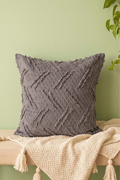 Rivaİstanbul Anthracite Line Patterned Embossed Textured Decorative Throw Pil...