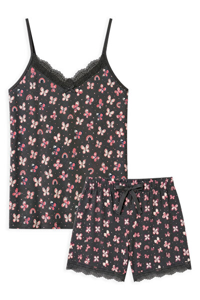 HNX Kadın Desenli İp Askılı Şortlu Pijama Takım