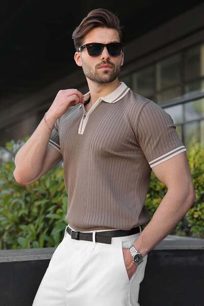 Madmext Light Brown Half Zip Polo Collar Knitwear Men's T-Shirt E7501