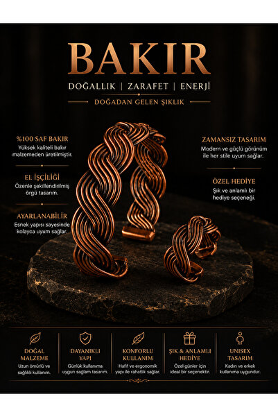 İyyaKee Kadın Örgü Desenli Bakır Bileklik ve Yüzük Seti Otantik El İşçiliği A...