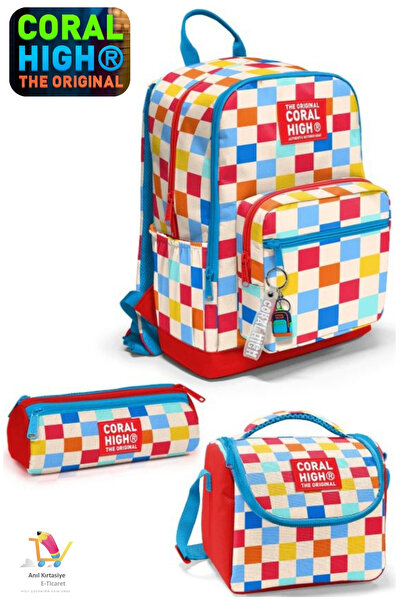 Coral High Kids Multi-Colored Checkerboard Patterned School Backpack, Lunch B...