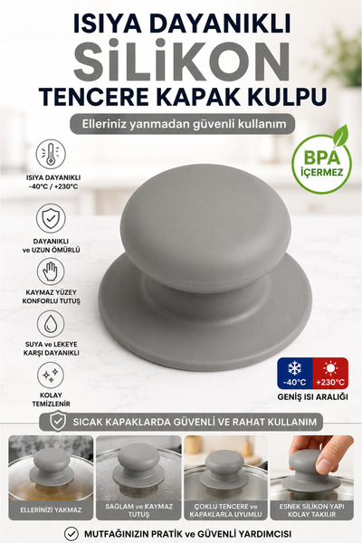 Funny Life Silikon Yanmaz Tencere Kapak Tutamak Tencere Kapak Kulpu Gri