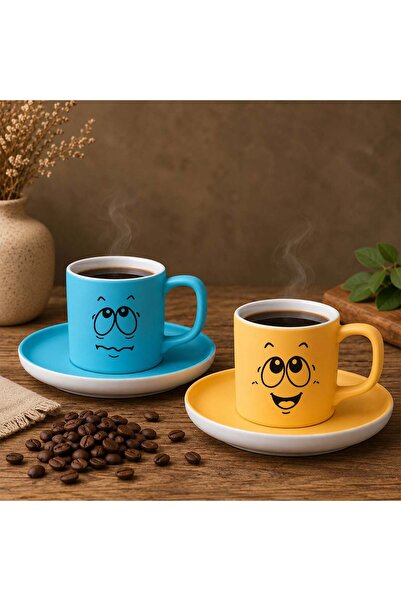 Bk Gift Set of 2 Ceramic Turkish Coffee Cups with Turquoise and Yellow Color ...