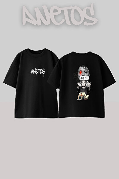 Anetos Eminem King Design Printed Oversize Black T-Shirt