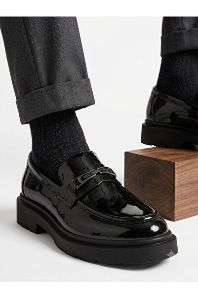 UZN AYAKKABI Erkek Rugan Kundura Ayakkabı Siyah Metal Tokalı Modern Loafer